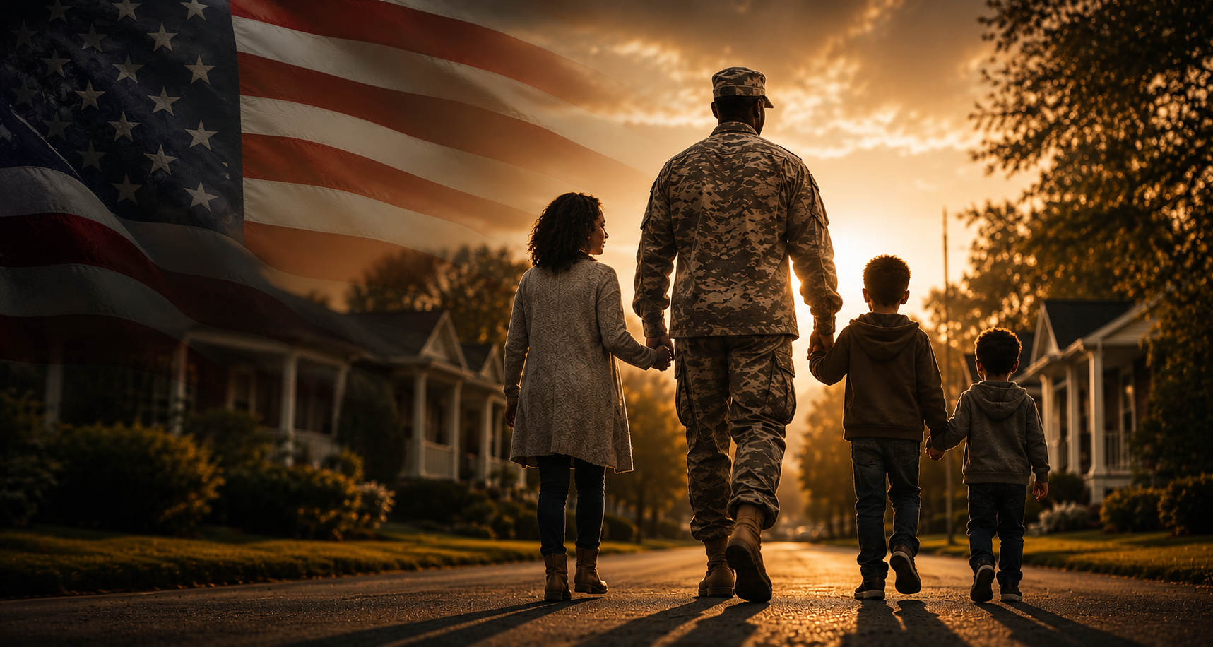 Veteran family walking home at sunset with American flag